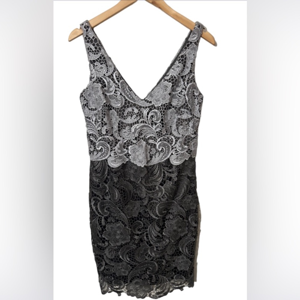 Adriana Papell- White and Grey Lacy Dress